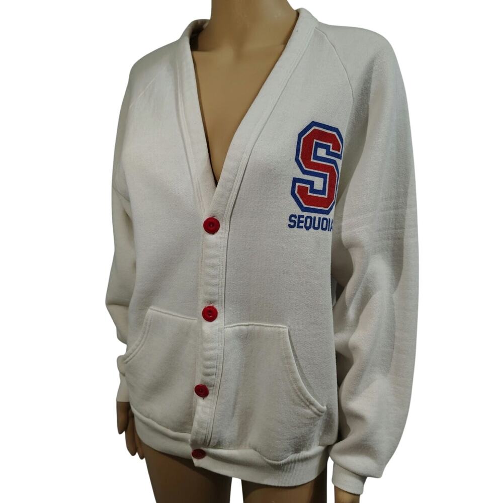 80s 90s Sequoia High Varsity Cardigan Sweatshirt White Red Button Fleece Size L
